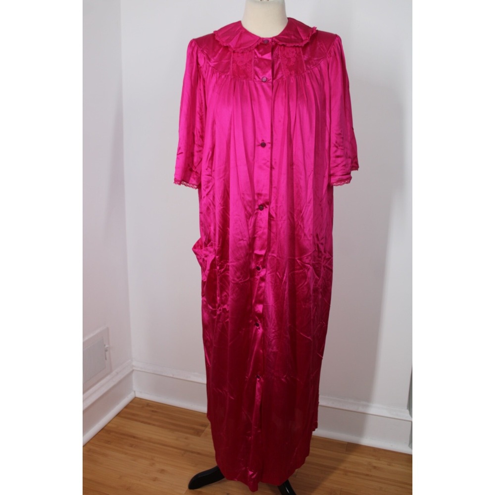 Vtg Nancy King L Pink Satin Button-Front Robe House Dress Lingerie